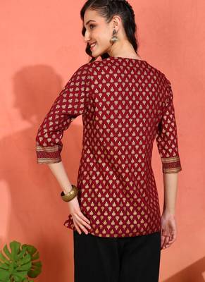  women   s rayon staple gold print a-line short kurti (wine) 2
