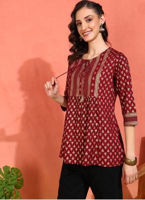  women   s rayon staple gold print a-line short kurti (wine) 3