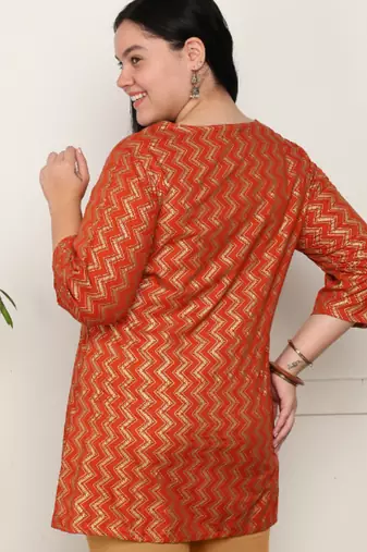  women's rayon staple plus size zig-zag print a-line short kurti (orange)
