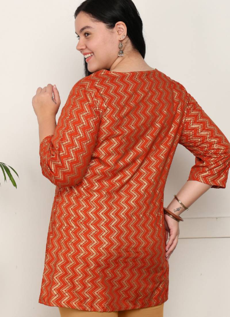  women's rayon staple plus size zig-zag print a-line short kurti (orange)