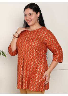  women's rayon staple plus size zig-zag print a-line short kurti (orange) 3