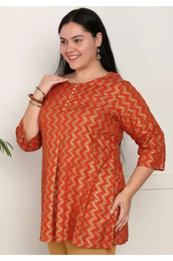  women's rayon staple plus size zig-zag print a-line short kurti (orange)