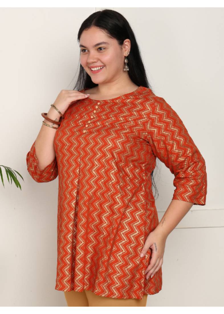  women's rayon staple plus size zig-zag print a-line short kurti (orange)