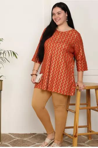  women's rayon staple plus size zig-zag print a-line short kurti (orange)