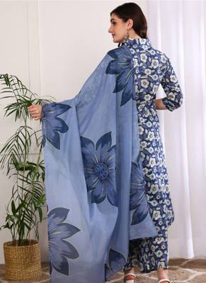  women's printed cotton calf length mandarin collar 3/4th sleeve straight kurta pant and duptta (indigo) 2