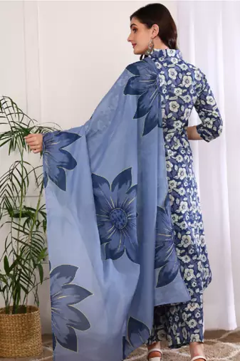  women's printed cotton calf length mandarin collar 3/4th sleeve straight kurta pant and duptta (indigo)