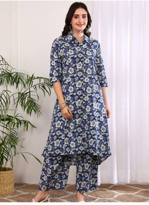  women's printed cotton calf length mandarin collar 3/4th sleeve straight kurta pant and duptta (indigo) 3