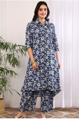  women's printed cotton calf length mandarin collar 3/4th sleeve straight kurta pant and duptta (indigo)