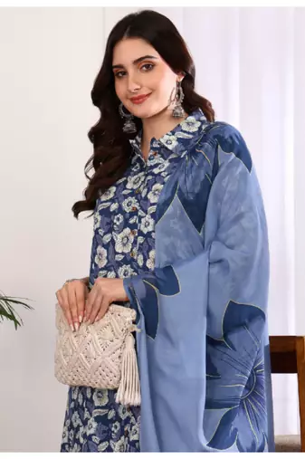  women's printed cotton calf length mandarin collar 3/4th sleeve straight kurta pant and duptta (indigo)