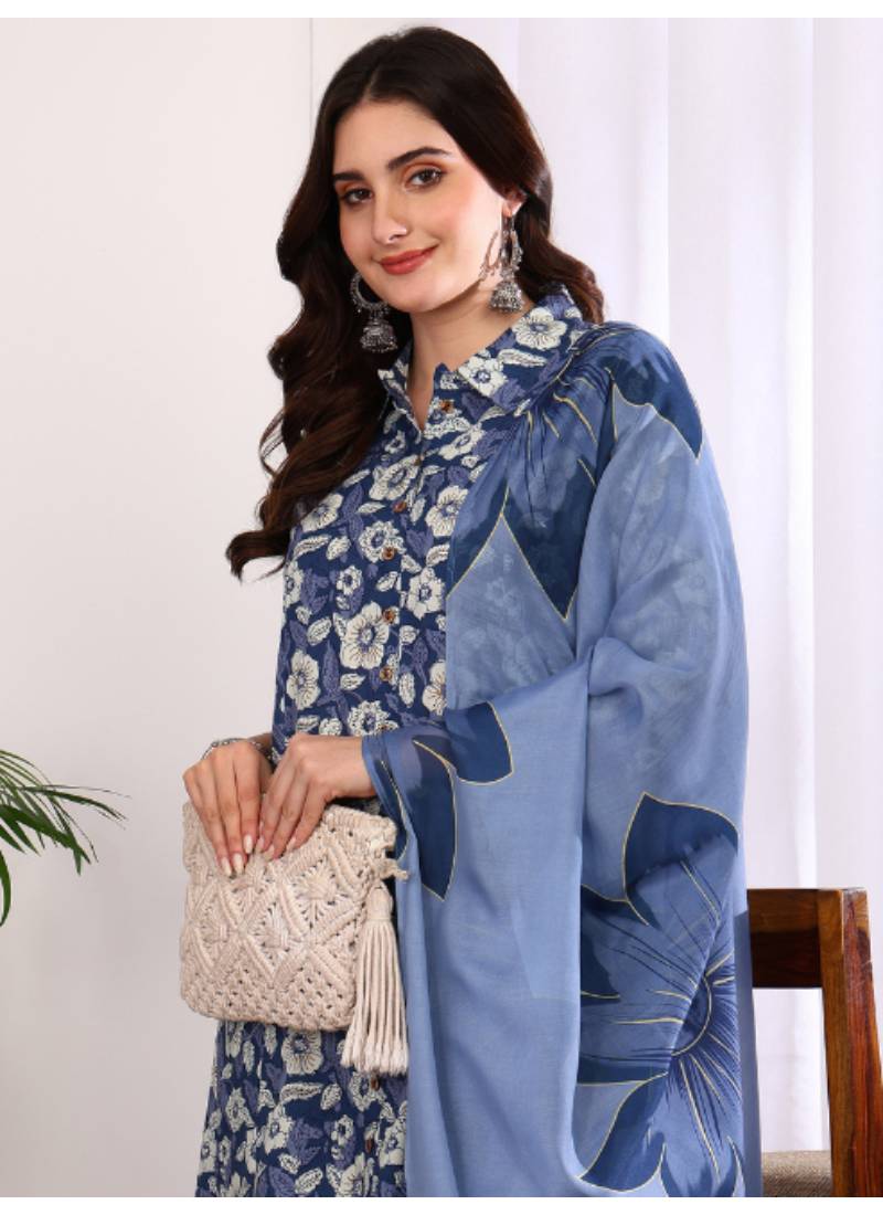  women's printed cotton calf length mandarin collar 3/4th sleeve straight kurta pant and duptta (indigo)