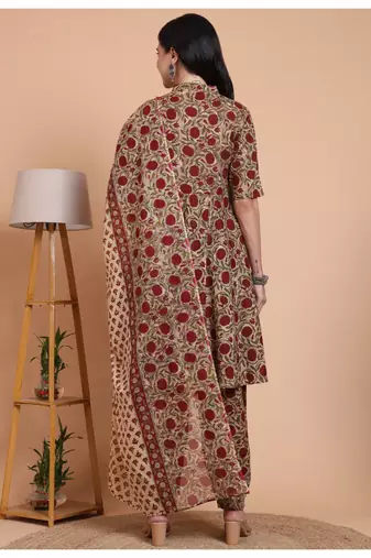  women   s cambric cotton floral print short kurta pant with dupatta set (green)