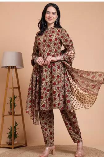  women   s cambric cotton floral print short kurta pant with dupatta set (green)