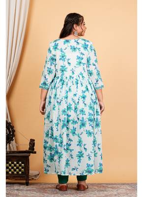  women's cotton floral printed 3/4th sleeve v-neck embroidered work anarkali kurta with dupatta 2