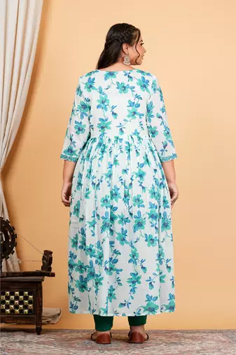  women's cotton floral printed 3/4th sleeve v-neck embroidered work anarkali kurta with dupatta