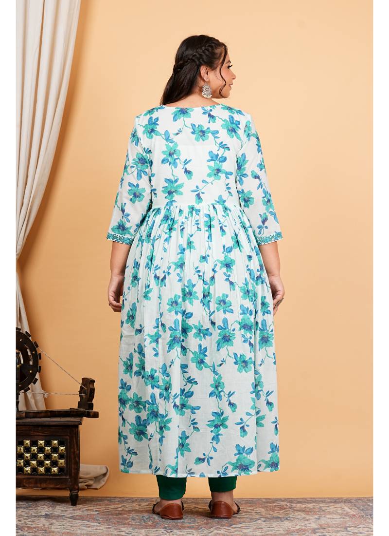  women's cotton floral printed 3/4th sleeve v-neck embroidered work anarkali kurta with dupatta