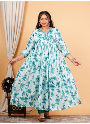  women's cotton floral printed 3/4th sleeve v-neck embroidered work anarkali kurta with dupatta 3