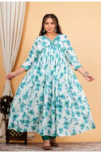  women's cotton floral printed 3/4th sleeve v-neck embroidered work anarkali kurta with dupatta