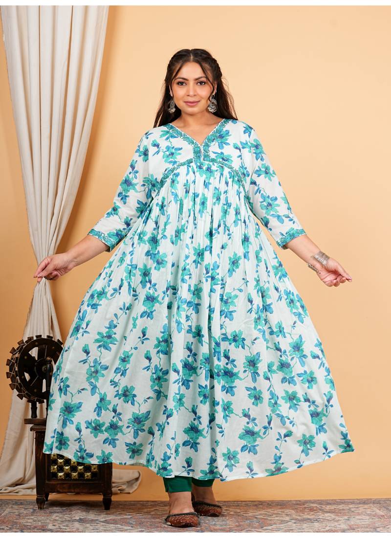  women's cotton floral printed 3/4th sleeve v-neck embroidered work anarkali kurta with dupatta