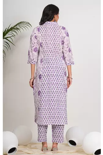  women's cotton calf length 3/4th sleeve v-neck floral printed anarkali kurta with printed pant & dupatta