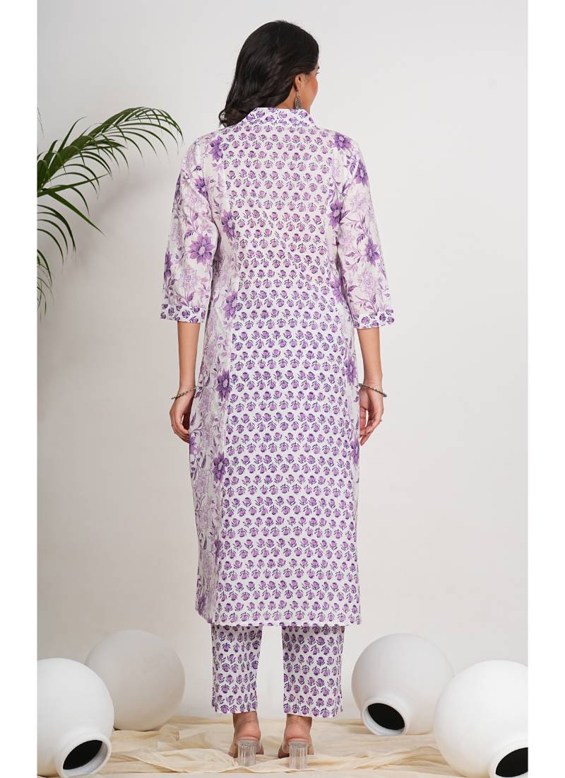  women's cotton calf length 3/4th sleeve v-neck floral printed anarkali kurta with printed pant & dupatta