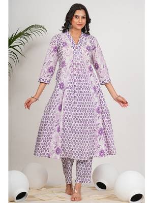  women's cotton calf length 3/4th sleeve v-neck floral printed anarkali kurta with printed pant & dupatta 3