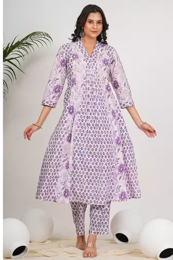  women's cotton calf length 3/4th sleeve v-neck floral printed anarkali kurta with printed pant & dupatta