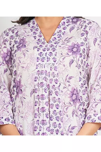  women's cotton calf length 3/4th sleeve v-neck floral printed anarkali kurta with printed pant & dupatta