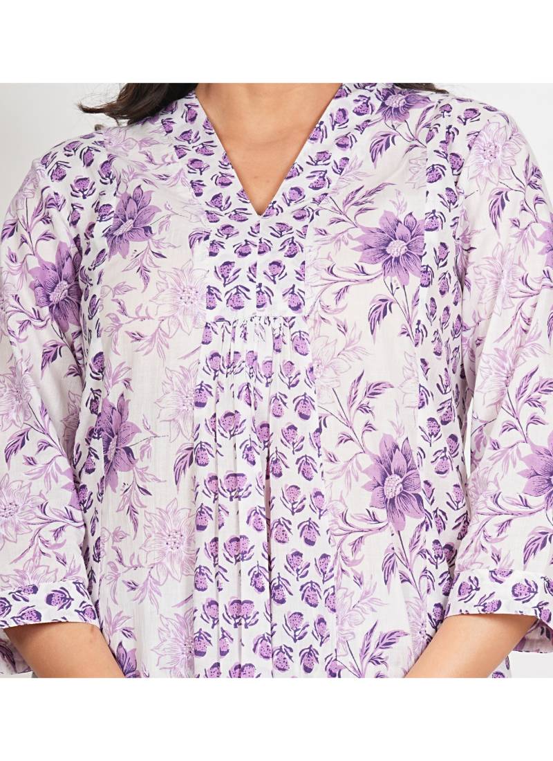  women's cotton calf length 3/4th sleeve v-neck floral printed anarkali kurta with printed pant & dupatta