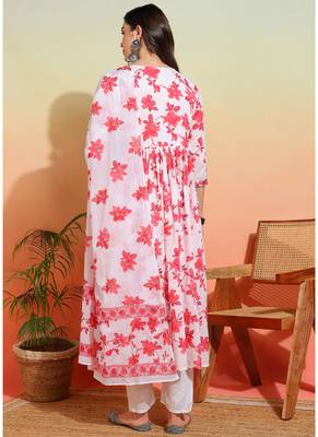  women's cotton floral printed 3/4th sleeve v-neck embroidered work anarkali kurta with dupatta 2