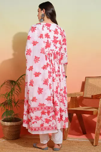  women's cotton floral printed 3/4th sleeve v-neck embroidered work anarkali kurta with dupatta