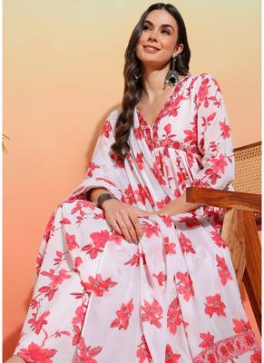  women's cotton floral printed 3/4th sleeve v-neck embroidered work anarkali kurta with dupatta 3