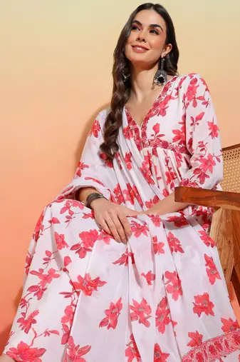  women's cotton floral printed 3/4th sleeve v-neck embroidered work anarkali kurta with dupatta