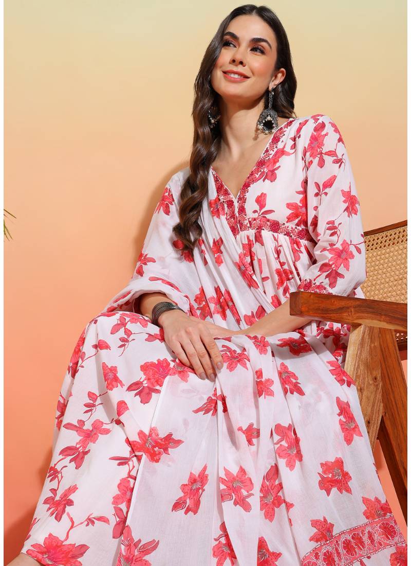  women's cotton floral printed 3/4th sleeve v-neck embroidered work anarkali kurta with dupatta