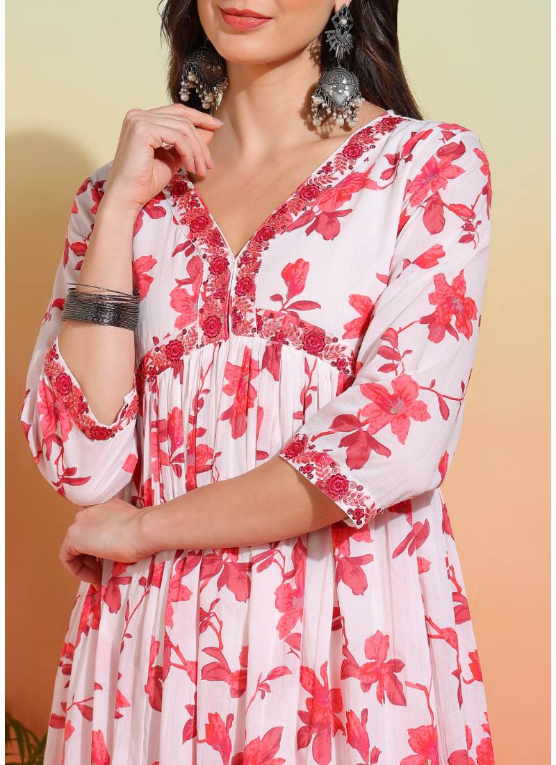  women's cotton floral printed 3/4th sleeve v-neck embroidered work anarkali kurta with dupatta