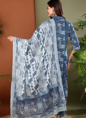Yash gallery women's cotton geometrical print straight kurta with pant and duptta (blue) 2