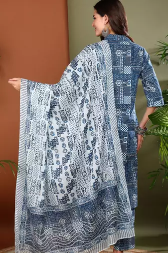 Yash gallery women's cotton geometrical print straight kurta with pant and duptta (blue)
