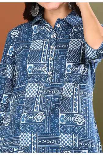 Yash gallery women's cotton geometrical print straight kurta with pant and duptta (blue)
