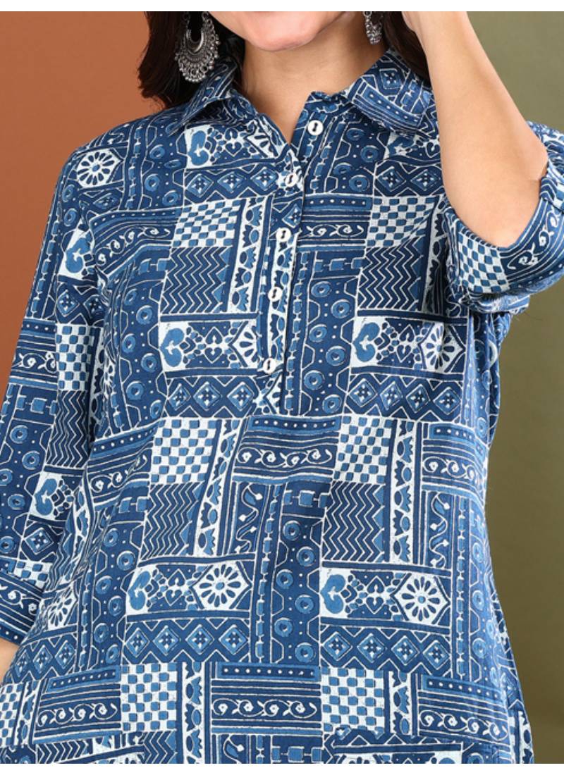 Yash gallery women's cotton geometrical print straight kurta with pant and duptta (blue)