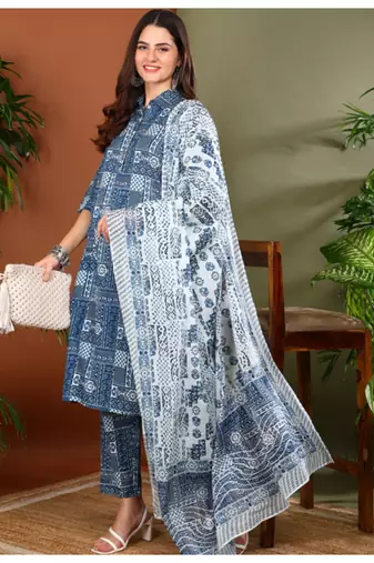 Yash gallery women's cotton geometrical print straight kurta with pant and duptta (blue)