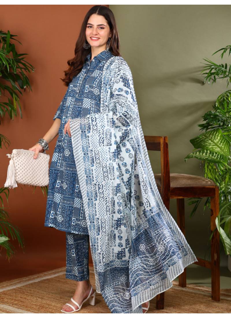 Yash gallery women's cotton geometrical print straight kurta with pant and duptta (blue)