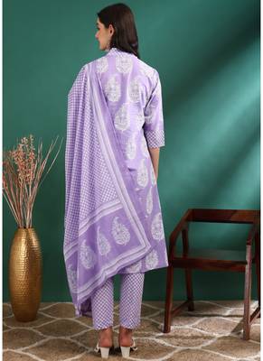 Yash gallery women's cotton buta print a-line kurta paired with elastic bottom and duptta (lavender) 2