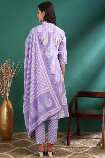 Yash gallery women's cotton buta print a-line kurta paired with elastic bottom and duptta (lavender)