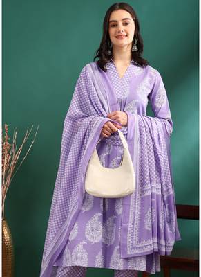 Yash gallery women's cotton buta print a-line kurta paired with elastic bottom and duptta (lavender) 3