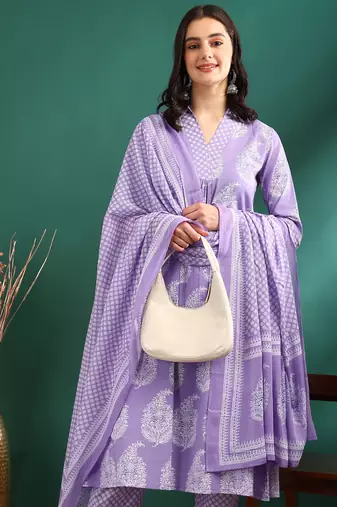 Yash gallery women's cotton buta print a-line kurta paired with elastic bottom and duptta (lavender)