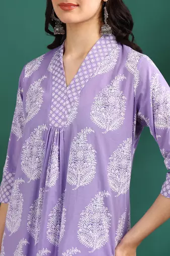 Yash gallery women's cotton buta print a-line kurta paired with elastic bottom and duptta (lavender)