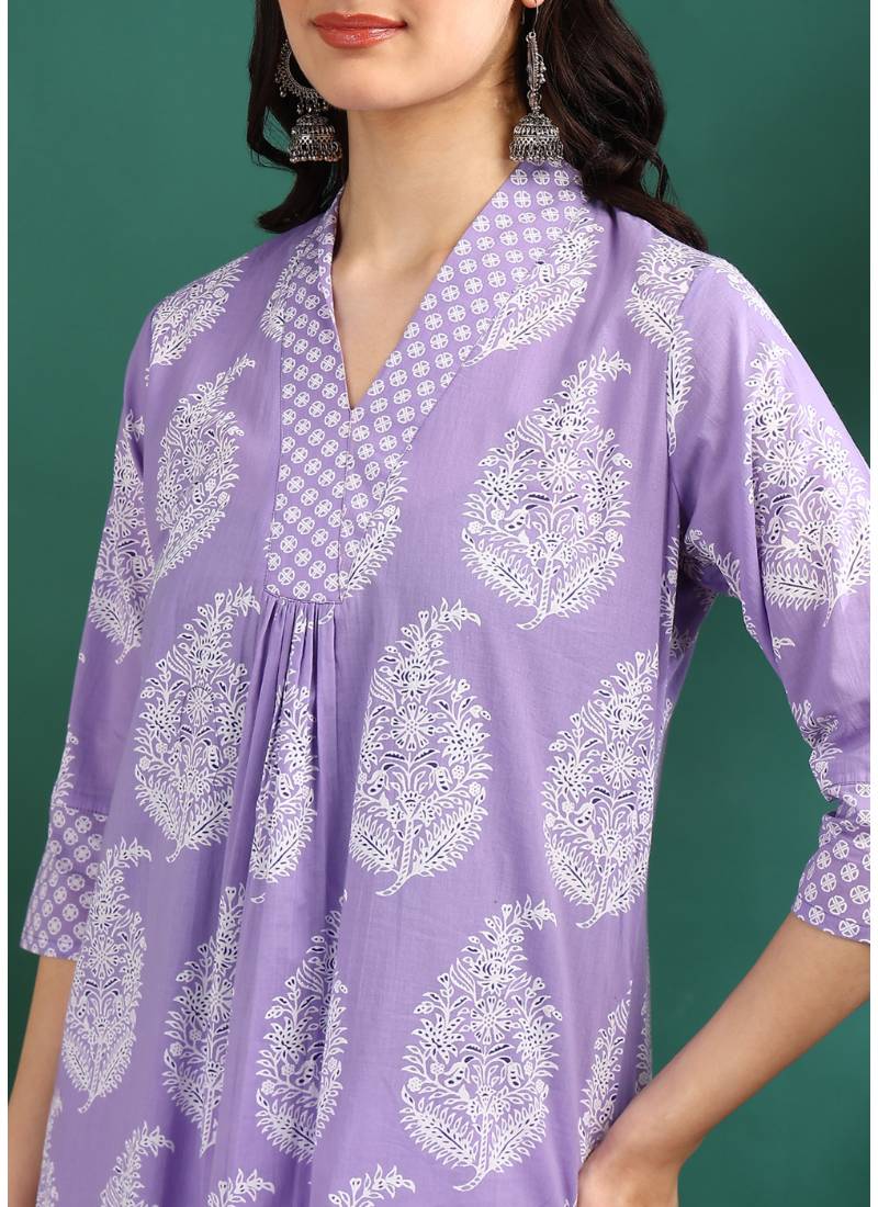 Yash gallery women's cotton buta print a-line kurta paired with elastic bottom and duptta (lavender)