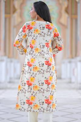 Yash gallery women's cotton slub floral print calf length mandarin collar straight kurta with pant (multi) 2