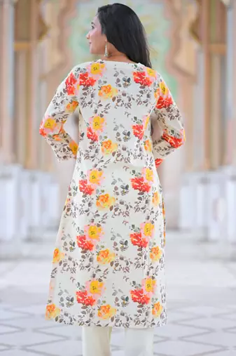 Yash gallery women's cotton slub floral print calf length mandarin collar straight kurta with pant (multi)