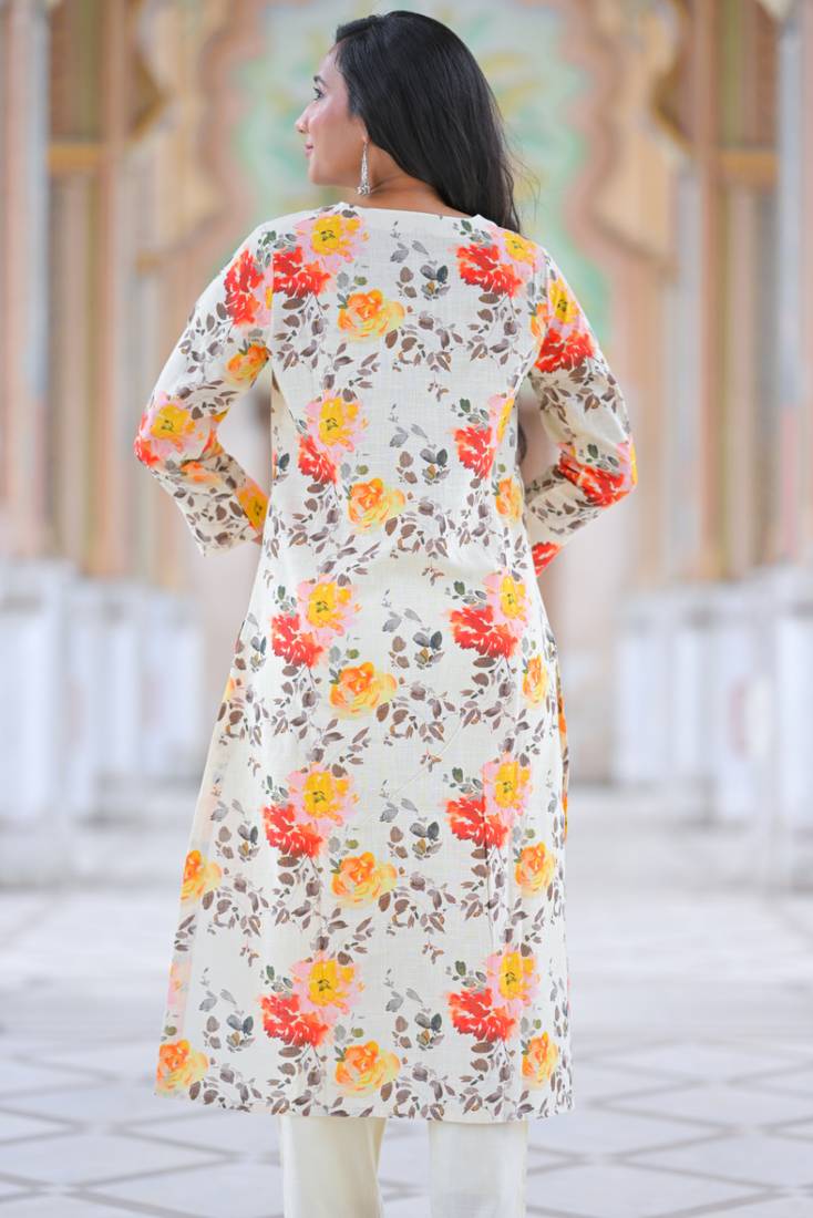Yash gallery women's cotton slub floral print calf length mandarin collar straight kurta with pant (multi)