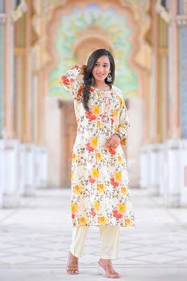 Yash gallery women's cotton slub floral print calf length mandarin collar straight kurta with pant (multi) 4